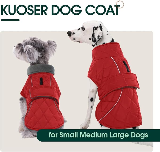 Kuoser Extra Warm Windproof Dog Cold Weather Coat, Fleece Lined Turtleneck Christmas Dog Jacket, Quilted Pet Winter Snowsuit Thermal Clothes with Reflective Adjustable Straps, Red L