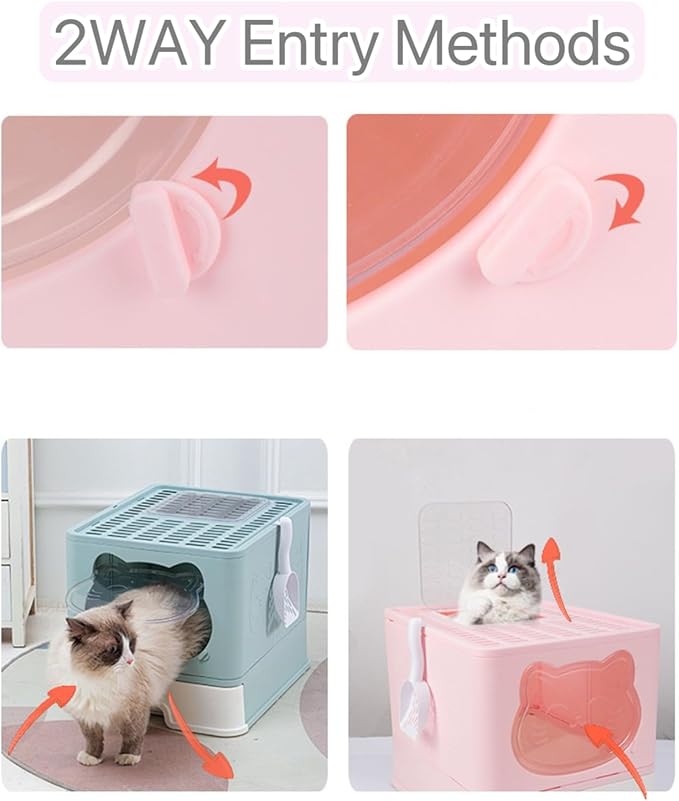 Top Entry Cat Litter Box with Lid, Anti-Splash Foldable Cat Litter Box with Activated Carbon Keeping Air Fresh, Drawer Type Easy to Clean (Green)