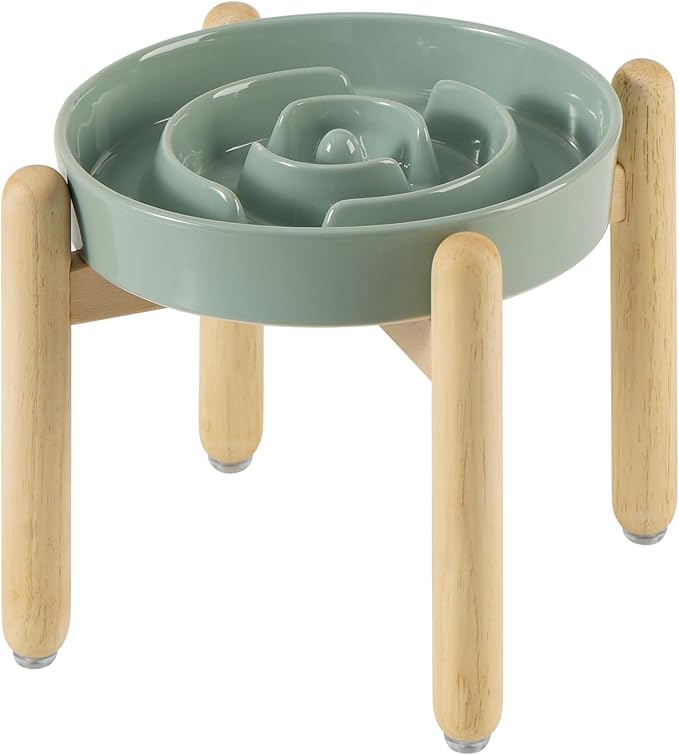 8.2inch Ceramic Raised Slow Feeder Dog Bowl Set, Elevated Wooden Stand for Large and Medium Dog, Puzzle Slow Dish, Anti-Gulping(Light Green, Single Bowl+ Stand)