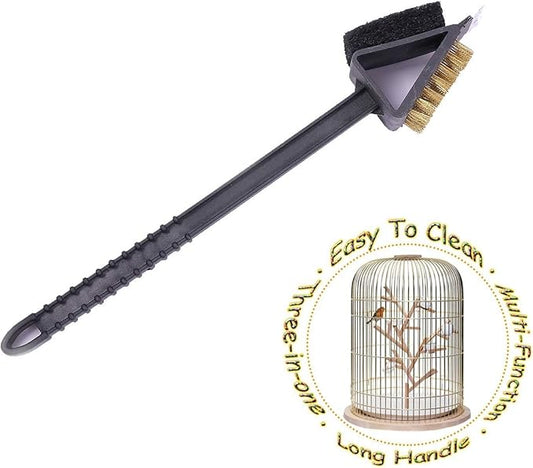 QBLEEV Stainless Steel Triangle Long Bird Cleaning Brush, Multi-Function Three-in-one Long Handle Brush, Pet Supply Cage Accessory for Parrot Birds