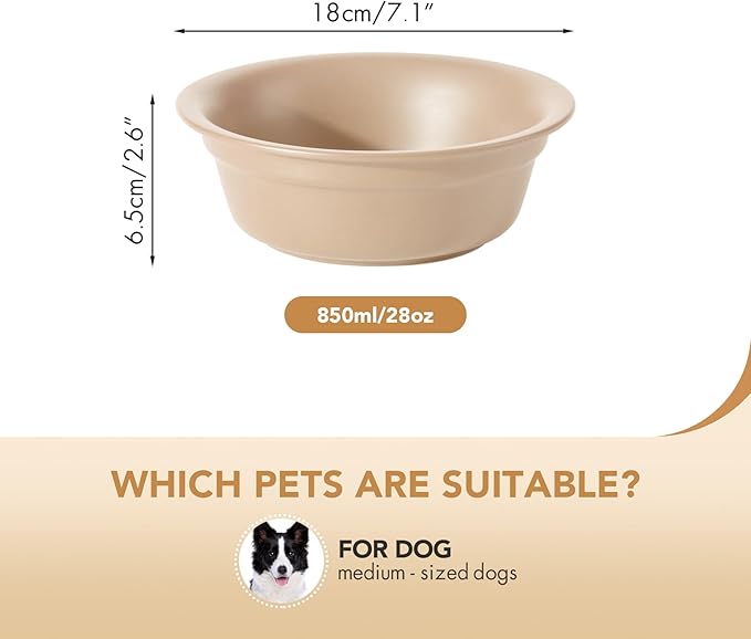 Ceramic 7.1inch Set of 2 Dog Bowls for Medium and Large Dogs, 2pcs Basic Food and Water Dishes for Replacement, Wide Opening Rounded Edge(2 Bowls, Oat Beige)