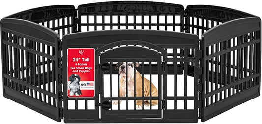 IRIS USA 24" 6-Panel Dog Playpen with Door, 61 x 61 x 24, Puppy Playpen, Dog Play Pen Indoors, Pet Fence, Puppies/Small Dogs, Black