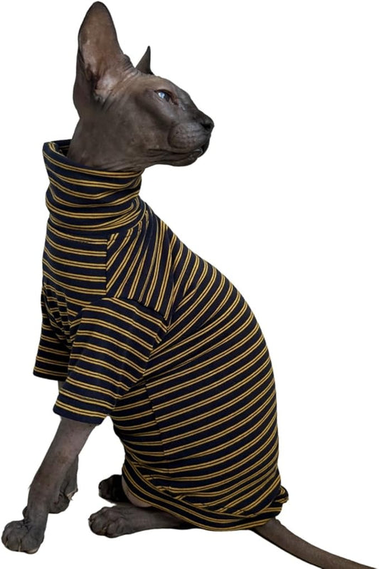 Vintage Stripes Sphynx Hairless Cats Shirt Cotton Cat Turtleneck Pet Clothes Kitten T-Shirts with Sleeves for Sphynx Cornish Rex, Devon Rex, Peterbald (Yellow Black, X-Small (Pack of 1))