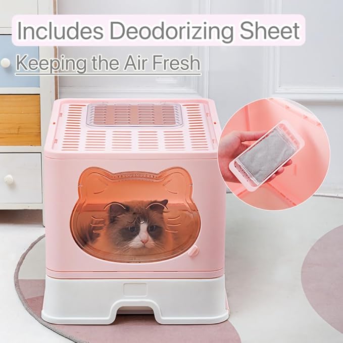 Top Entry Cat Litter Box with Lid, Anti-Splash Foldable Cat Litter Box with Activated Carbon Keeping Air Fresh, Drawer Type Easy to Clean (Green)