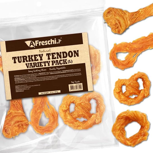 Afreschi Turkey Tendon Variety Pack (L) 10 oz, USA-Sourced Turkey Tendon, All Natural Puppy Chew, Hypoallergenic, Rawhide Alternative