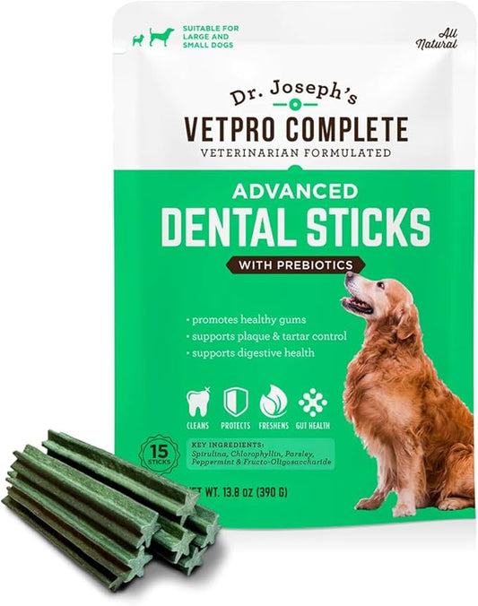 Vetpro Complete Advanced Dental Sticks with Prebiotics, 15 Sticks, Cleans Teeth, Freshens Bad Breath, and Supports Gut Health, Target Tartar and Plaque Build Up, Veterinarian Formulated
