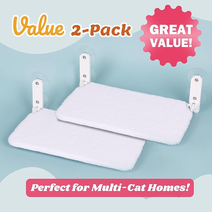 2PC Easy Fold Cat Window Perch - Cordless, Fold-Up, Zip Closure Embeded Machine Washable Bed Cover, Robust Metal Frame - Cat Hammock for Window for Large Cats and Kittens(White, Medium, 2PC)