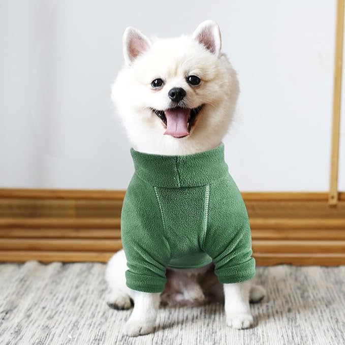 Idepet Fleece Dog Sweater 2 Pack, Winter Dog Clothes Turtleneck Dog Sweatshirt Pet Clothing Stretchy Small Dog Coat Cat Apparel with Leash Ring,Green,Dark Green,X-Large