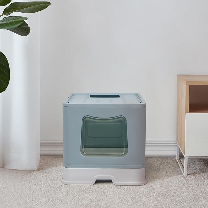 XL Foldable Cat Litter Box with Lid - Jumbo Enclosed Potty - Top Entry Anti-Splashing Toilet - Includes Scoop & 2-in-1 Cleaning Brush (Blue