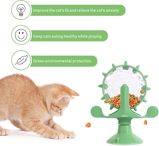 iplusmile Cat Food Leakage Toy, Interactive Windmill Game Cat Puzzle Food Treat Dispensing Toy with Suction Cup for Kitten Puppy Slow Feeder Snacks, Green