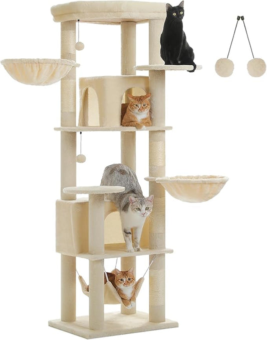 Tall Cat Tree for Indoor Cats Large Adult, 71.2" Multi-Level Cat Tower with 2 Spacious Condos, 3 Hammocks, Super Large Top Perch, 2 Pompoms, Beige
