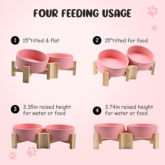 SPUNKYJUNKY 15° Slanted Ceramic Dog and Cat Bowl with Wooden Stand, Tilted Bulldog Food and Water Bowl No Slip Non-Spill for Cats Medium Dogs Big Face Pets 13.5 OZ (1.7 Cups, Pink × 2)