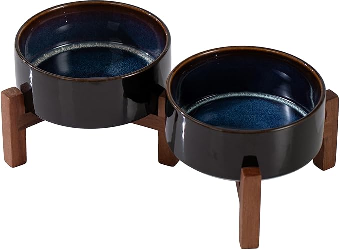 Ceramic 5.1inch Raised Double Bowls Set with Acacia Wood Stand, 2 Heights Elevated, Food & Water Bowls for Puppy, Kitty, Cats(13.5oz, Starry Sky)
