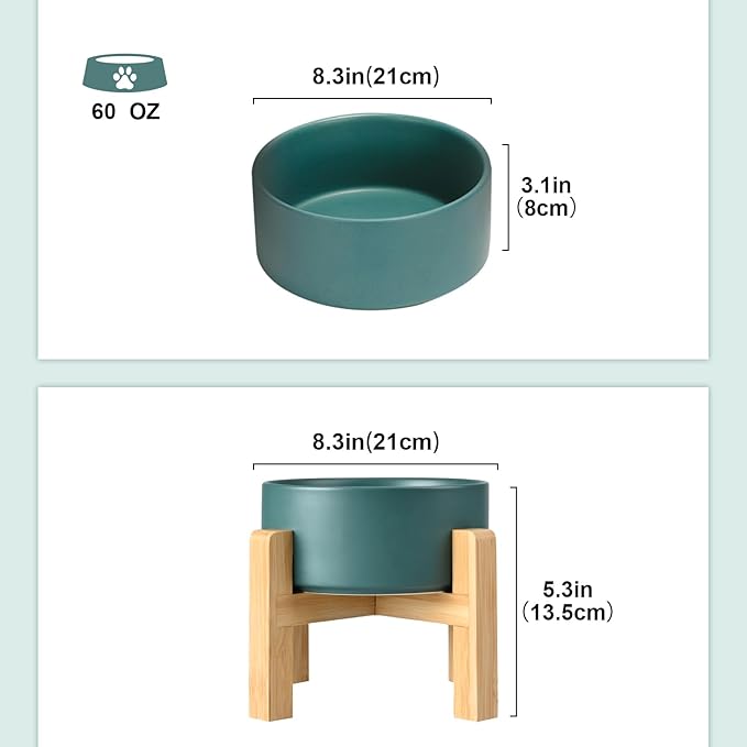 SPUNKYJUNKY Ceramic Elevated Dog Bowls 2 Pack - 8.3inch Raised Dog Bowls with Non-Slip Wooden Stand for Large Dogs Dishwasher Safe(Green,60OZ*2)