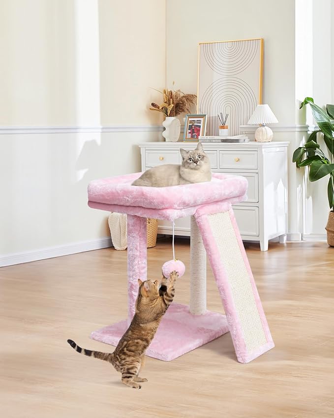 SYANDLVY Small Cat Tree with Scratching Board, Cat Scratching Post for Adults, Cat Scratcher for Indoor Cats, 2 Dangling Balls Great for Kittens