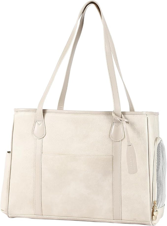Stylish Dog Purse Carrier, Leather Pet Carrier Bag for Small Dogs Cats Puppy, Airline Approved Soft-Sided Carrier Beige
