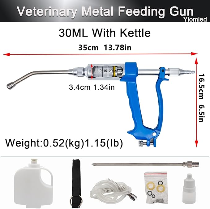 30ML Veterinary Metal Feeding Gun, Continuous Drench Gun Dosing Device Veterinary Adjustable Medicine Dispenser Husbandry Autonomous Feeding Tool, for Pig Cow, Sheep, Horse (Blue, 30ML+Kettle)