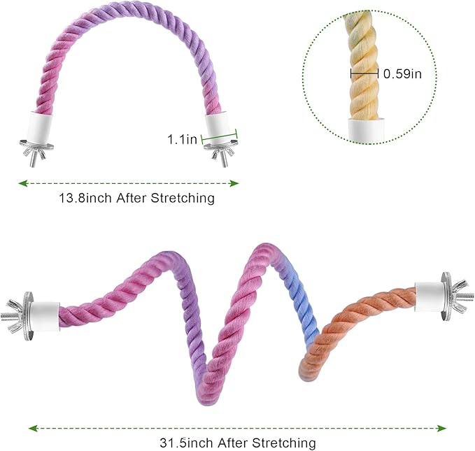 3 Pcs Bird Rope Perches Gradient Color, Bendable Parrot Bird Perch Rope Stand for Cage, Stand Climbing Stand Toy for Cockatiels, Lovebirds, Budgies, Parakeets (2 Long + 1 Short)