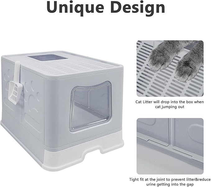 XL Foldable Cat Litter Box with Lid - Jumbo Enclosed Potty - Top Entry Anti-Splashing Toilet - Includes Scoop & 2-in-1 Cleaning Brush (Grey)