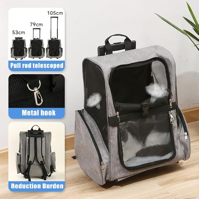 Pet Trolley Bag Cat Dog Travel Bag Portable & Breathable Pet Carrier Backpack - Lightweight Dual-Shoulder Design for Easy Travel with Your Beloved Companion Scalable Pull Rod pet Bag (Grey)