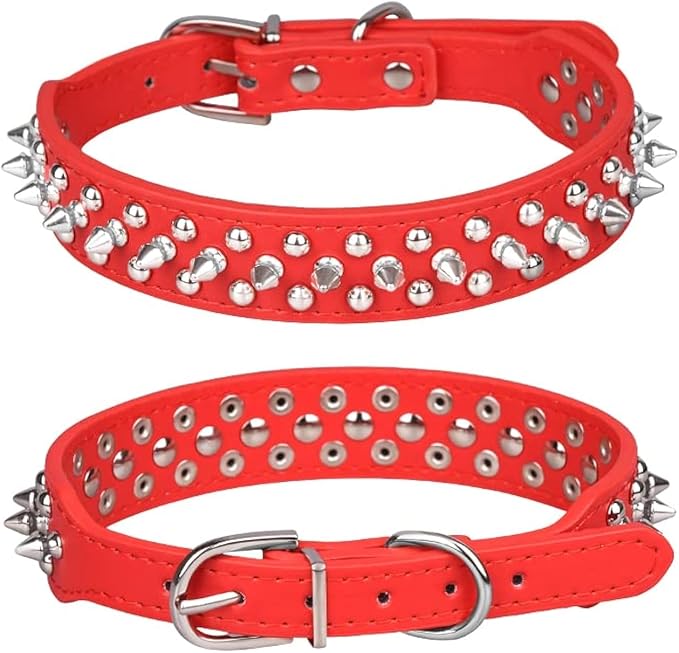 Spiked Dog Collar, Mushrooms Rivet Studded Adjustable Pu Leather Pet Collars for Cats Puppy Dogs (M, Red)