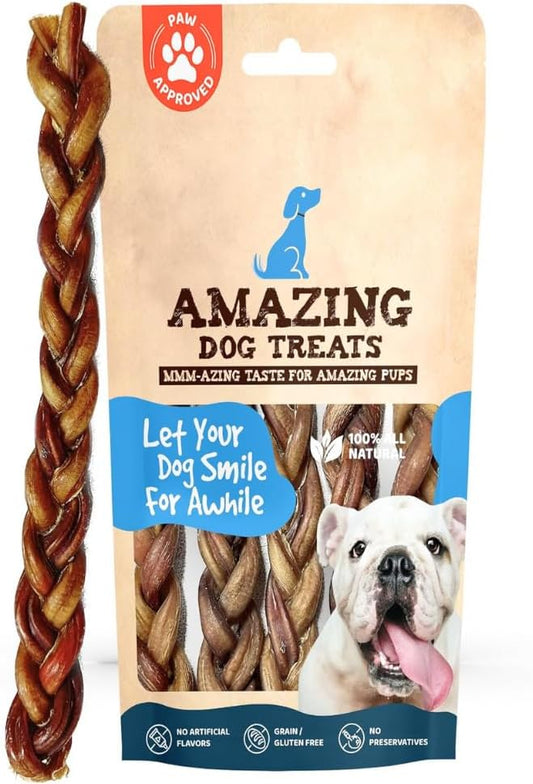 Amazing Dog Treats 12" Braided Bully Stick (5 Pcs/Pack) Bully Stick for Dogs - Made from Premium Grass Fed Beef