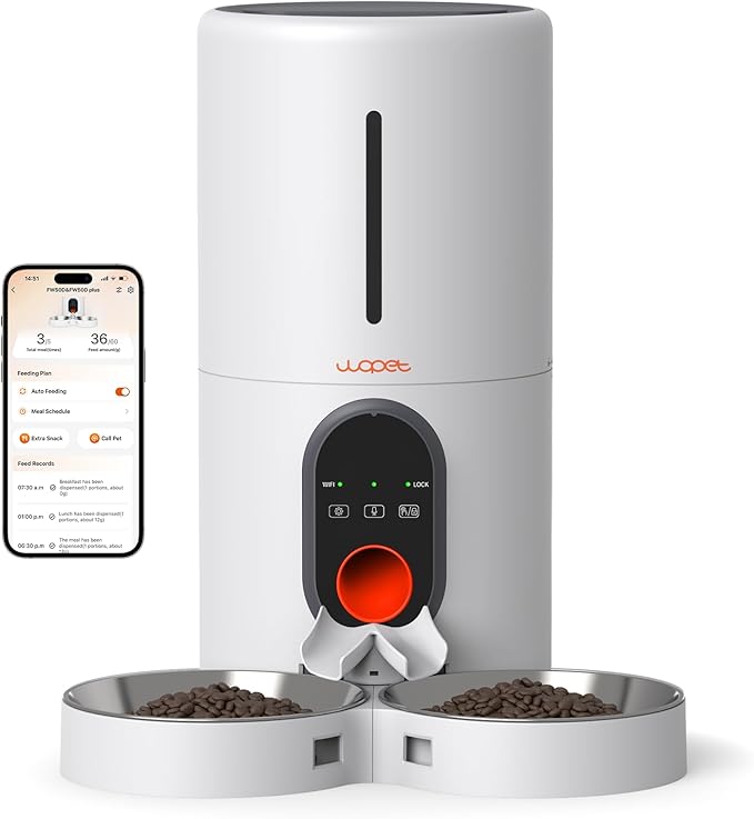WOPET Automatic Cat Feeder, 5G WiFi Pet Feeder for Two Cats or Dogs with Remote Control, 6L Cat Food Dispenser with Low Food Sensor, 1-10 Meals Per Day, Up to 10s Meal Call for Pets