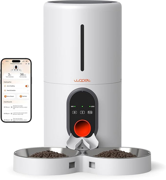 WOPET Automatic Cat Feeder, 5G WiFi Pet Feeder for Two Cats or Dogs with Remote Control, 6L Cat Food Dispenser with Low Food Sensor, 1-10 Meals Per Day, Up to 10s Meal Call for Pets