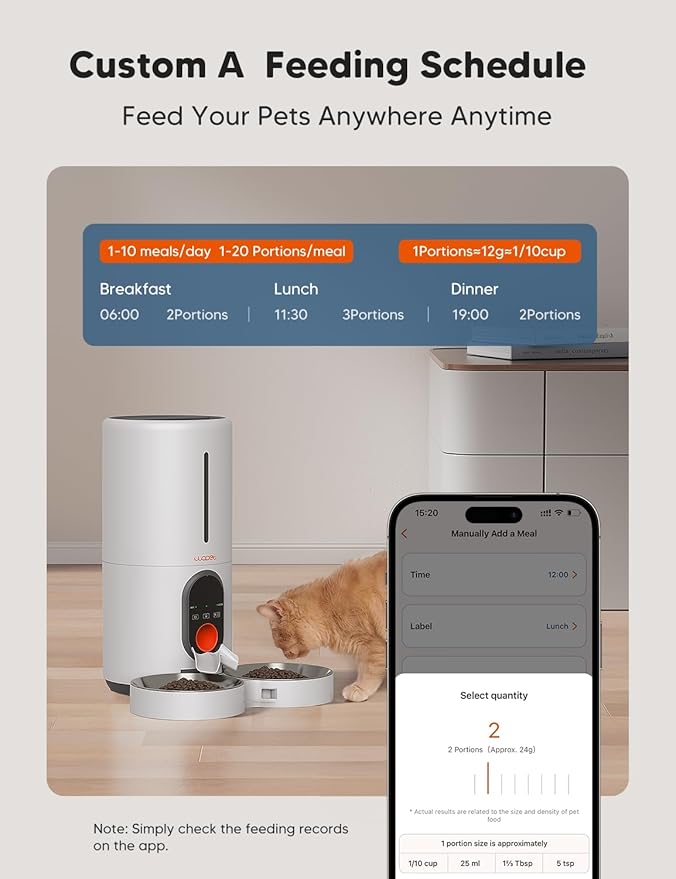 WOPET Automatic Cat Feeder, 5G WiFi Pet Feeder for Two Cats or Dogs with Remote Control, 6L Cat Food Dispenser with Low Food Sensor, 1-10 Meals Per Day, Up to 10s Meal Call for Pets
