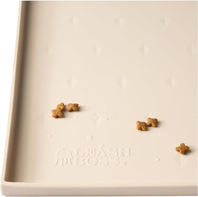 Leash Boss Waterproof Non-Slip Feeding Bowl Mat Raised Edge - XL 25 in x 17 in, Beige Diamond Pattern - Silicone Dishwasher Safe Pet Feeding Mat