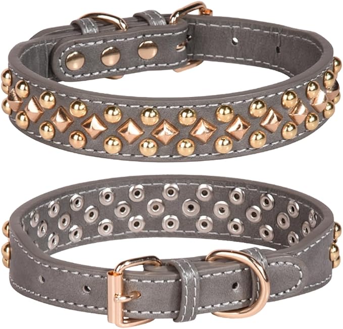 Spiked Dog Collar, Mushrooms Rivet Studded Adjustable Pu Leather Pet Collars for Cats Puppy Dogs (L, Grey3)