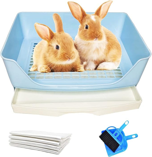 Tfwadmx Large Rabbit Litter Box Bunny Corner Toilet Potty Trainer with Drawer Bigger Pet Pan for Adult Guinea Pig Chinchilla Ferret Hedgehog and Other Animals (Blue)