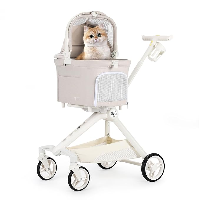 TT Lightweight Pet Stroller for Small Dogs & Cats - 4-Way Installation Carrier, One-Hand Fold, 180° Canopy Cover & Adjustable Handle (Beige)