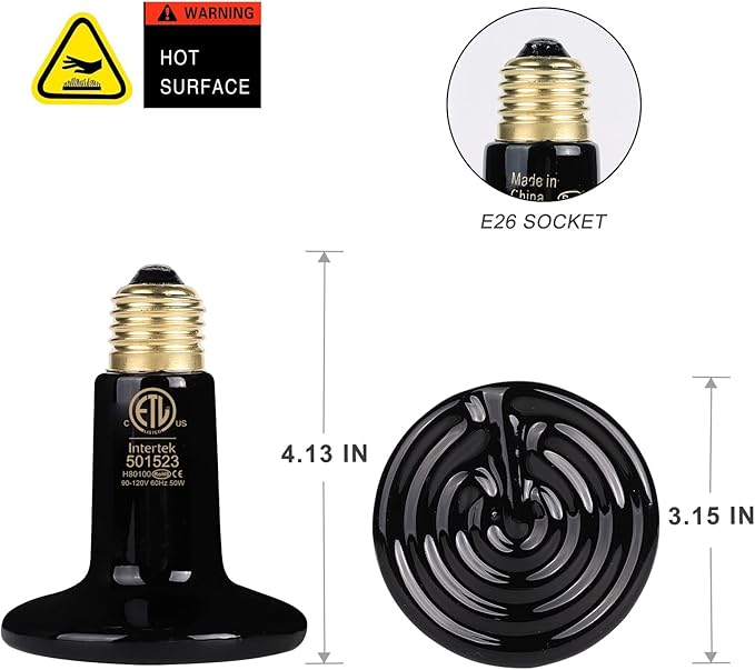 WUHOSTAM 3 Pack 50W Black Ceramic Heat Lamp, Infrared Reptile Heat Emitter Heater Lamp Bulb for Pet Brooder Coop Chicken Lizard Turtle Snake Aquarium, No Light ETL Listed