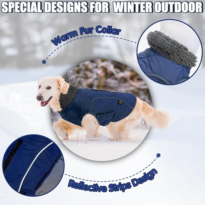 EMUST Dog Jacket Polyester Winter Coat for Medium Large Dogs, Reflective Vest with Zipper, Warm for Cold Weather, Dark Blue, L