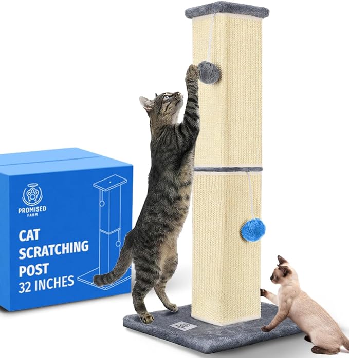 Tall Cat Scratching Post 32 Inches - Protects Furniture - Durable and Sturdy Design - Aesthetic Cat Accessories Essentials Grey/Blue