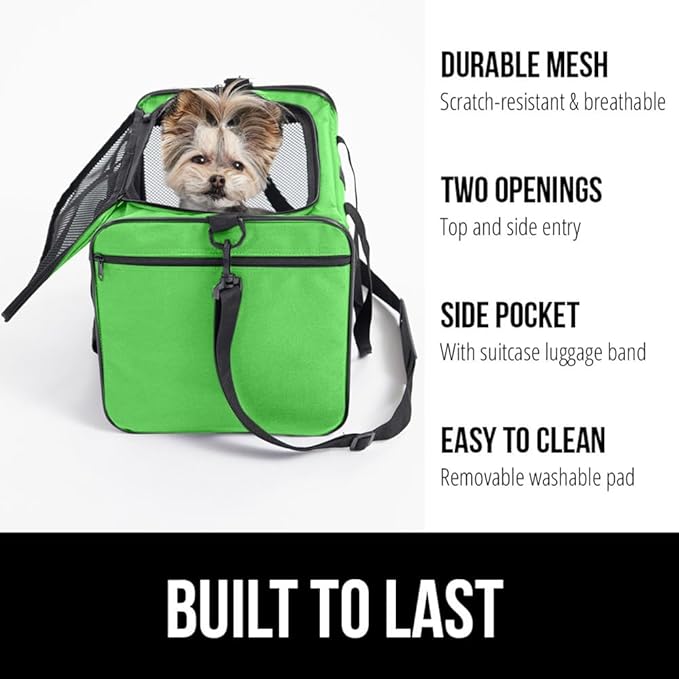 GORILLA GRIP Cat Carrier Travel Bag Up to 15 Lbs, Soft Collapsible Small Dog Carriers, Top and Side Entry Breathable Mesh, Grip Feet on Underside, Cozy Washable Waterproof Pad, Portable Kennel, Green
