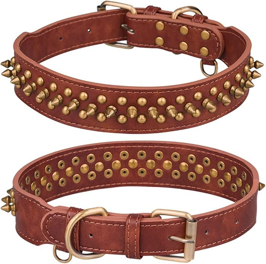 Spiked Dog Collar, Mushrooms Rivet Studded Adjustable Pu Leather Pet Collars for Cats Puppy Dogs (L, Brown2)