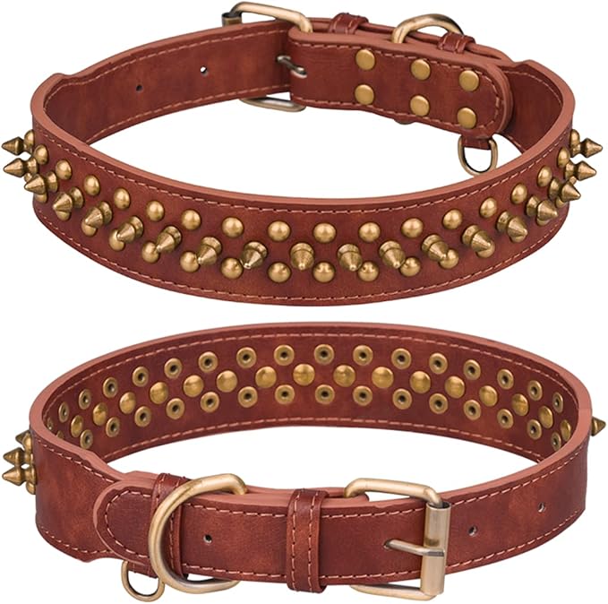 Spiked Dog Collar, Mushrooms Rivet Studded Adjustable Pu Leather Pet Collars for Cats Puppy Dogs (XS, Brown2)