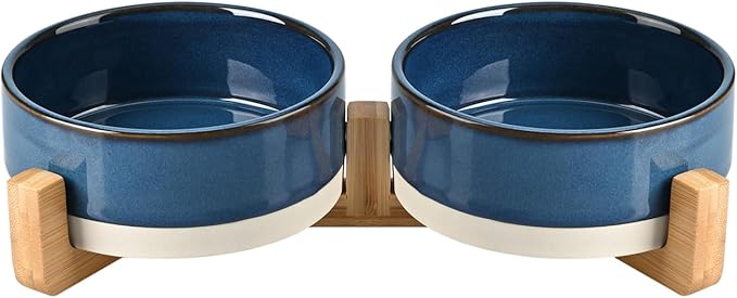 SPUNKYJUNKY Ceramic Dog and Cat Bowl Set with Wooden Stand, Modern Cute Weighted Food Water Bowl Set for Small Size Dogs (1.7 Cups, 2 × Pattern Blue)