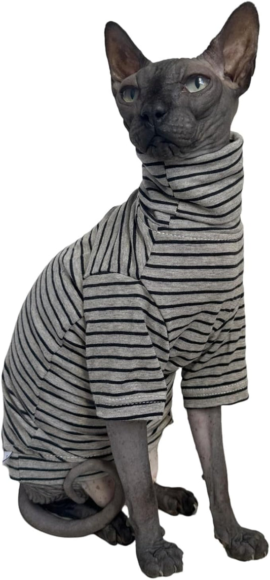 Vintage Stripes Sphynx Hairless Cats Shirt Cotton Cat Turtleneck Pet Clothes Kitten T-Shirts with Sleeves for Sphynx Cornish Rex, Devon Rex, Peterbald (Grey Stripe, Medium (Pack of 1))