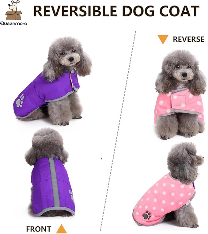 Queenmore Dog Winter Coat, Cold Weather Fleece Jacket for Dogs, Waterproof Reflective Reversible, for Small, Medium and Large Dogs (Purple, S)