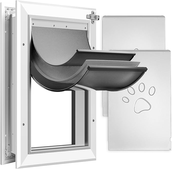 [Petoasis] Heavy Duty Aluminum Dog Door with Lock,3 Flap Insulated Doggie Doors with Installation Manual,Durable and Rust Resistant, Patent: USD1057087S, (Silvery White, Meduim for Door)