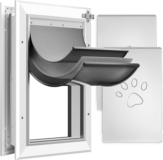 [Petoasis] Heavy Duty Aluminum Dog Door with Lock,3 Flap Insulated Doggie Doors with Installation Manual,Durable and Rust Resistant, Patent: USD1057087S, (Silvery White, Meduim for Door)