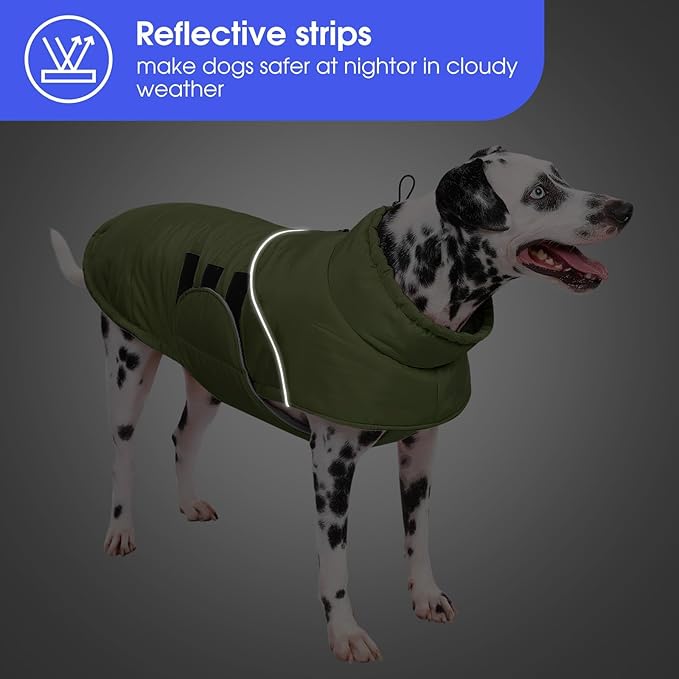 ASENKU Extra Warm Dog Coat - Winter Jacket with Fleece, Reflective, Adjustable, Zippered Leash Hole for Large Dogs (Green, 3XL)