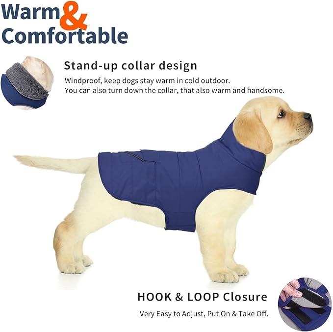 Dog Coat, Waterproof Dog Winter Jacket with Pocket, Reflective Adjustable Pet Snow Vest, Warm Cozy Fleece Sweater for Small Medium Extra Large Dogs - Blue, XL