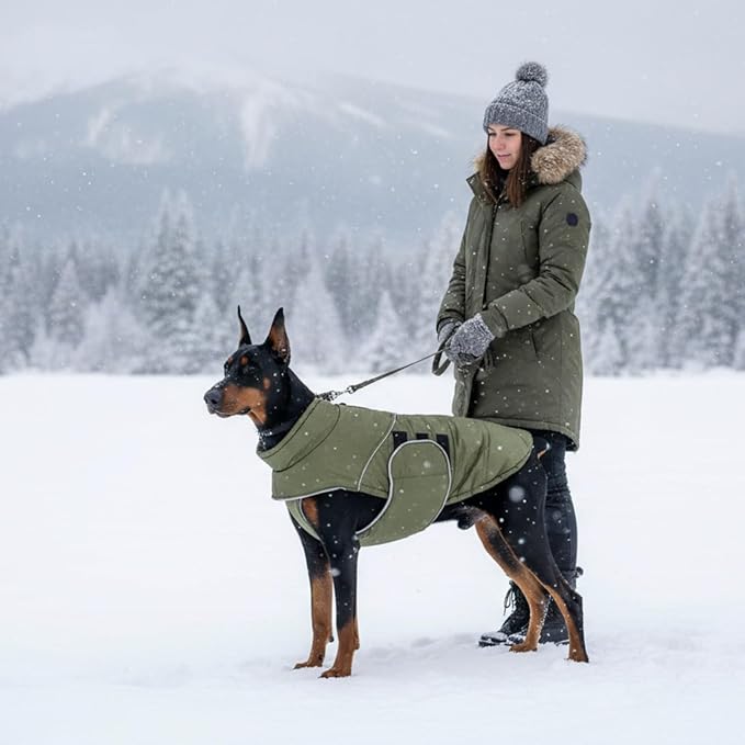 ASENKU Extra Warm Dog Coat - Winter Jacket with Fleece, Reflective, Adjustable, Zippered Leash Hole for Large Dogs (Green, 4XL)