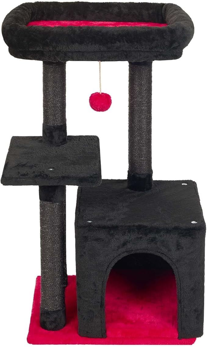 FISH&NAP Cute Cat Tree Kitten Cat Tower for Indoor Cat Condo Sisal Scratching Posts with Jump Platform Cat Furniture Activity Center Play House RedBlack