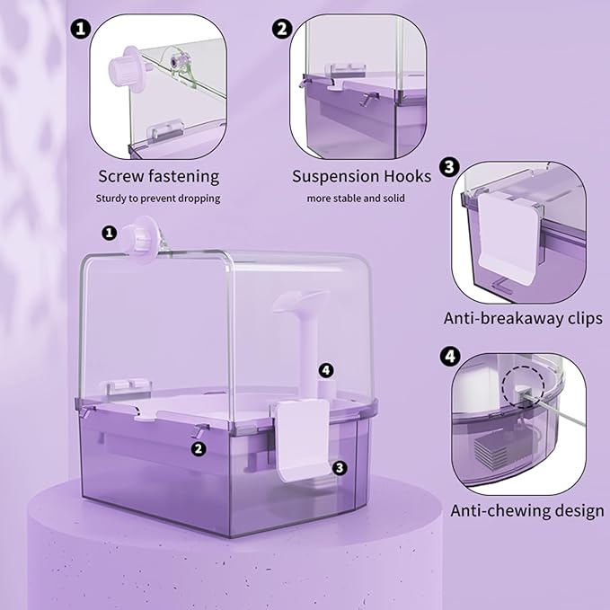 Automatic Bird Baths for Cage – Indoor Parakeet Bath with Pump, Bird Shower with 2 Modes Running Water, Bird Cage Accessory for Pet Birds Conure Budgies Cockatiels Lovebird (Purple)