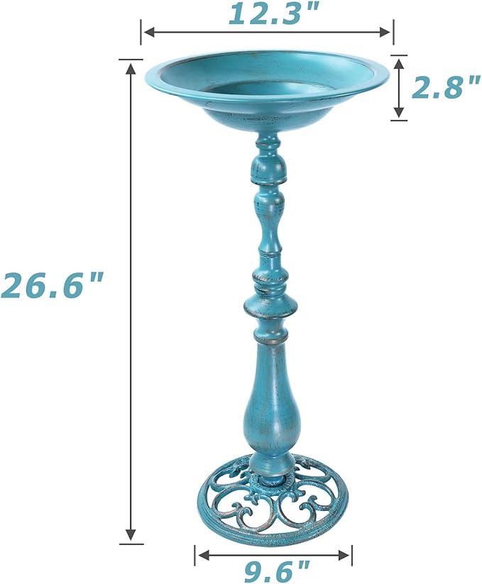 26.6”H Cast Iron Pedestal Bird Bath，Metal Birdbaths Bird Feeder Seed Tray for Garden Yard Decor -Blue.
